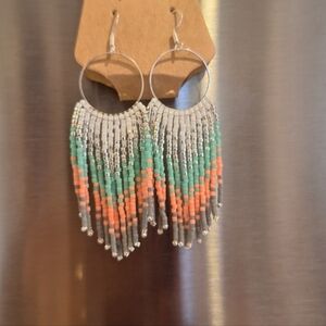 Handcrafted Beaded Hoop Earrings - Silver, Orange, Green